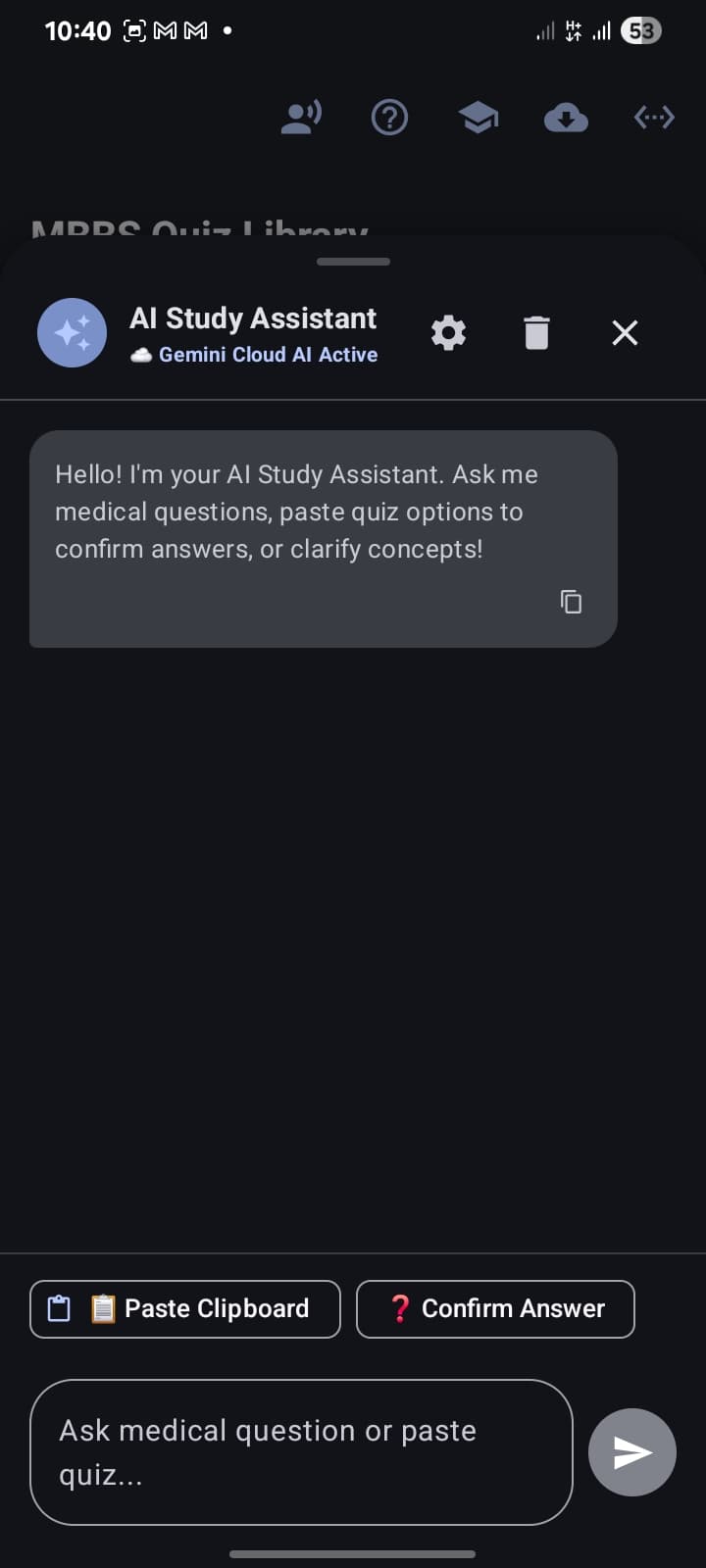 AI Study Assistant chat screen for medical questions and quiz answer confirmation