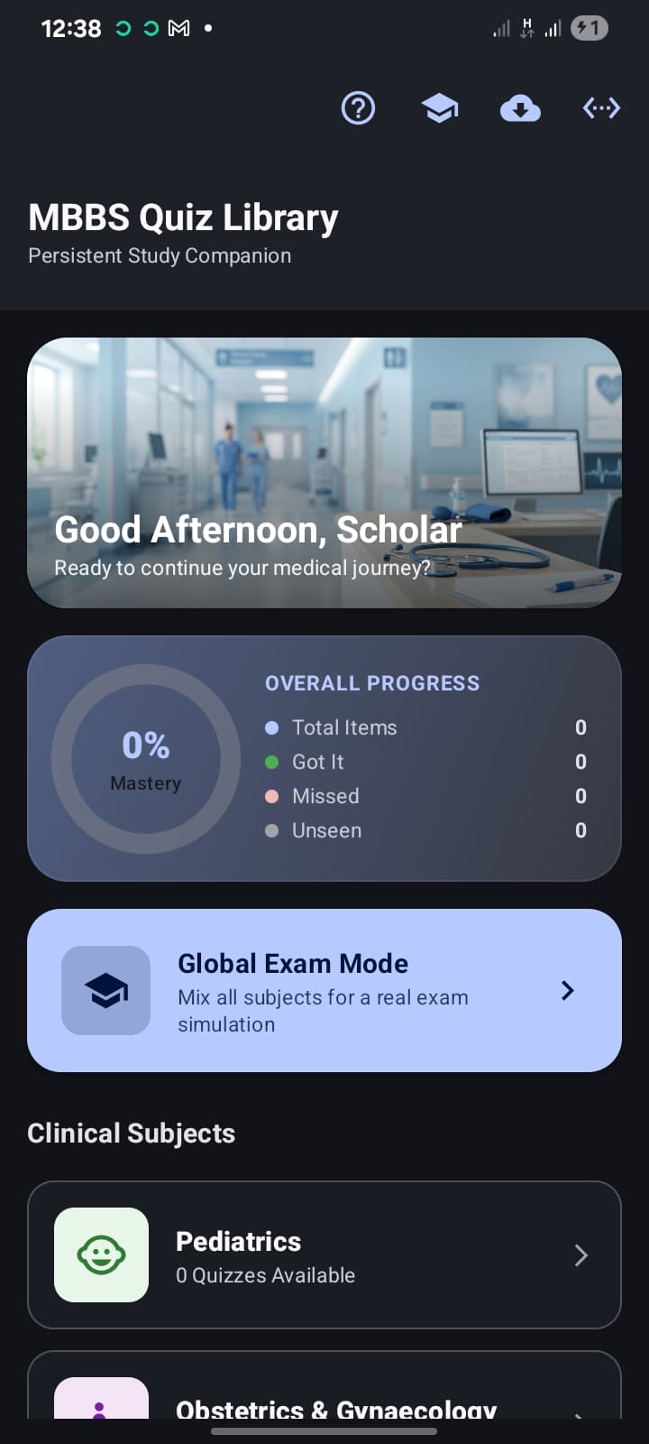 Precious home dashboard showing overall mastery progress and Global Exam Mode