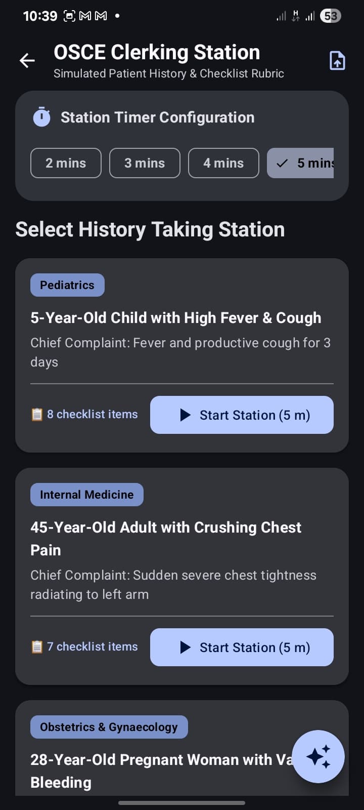 OSCE Clerking Station showing a timed history-taking case with a checklist rubric