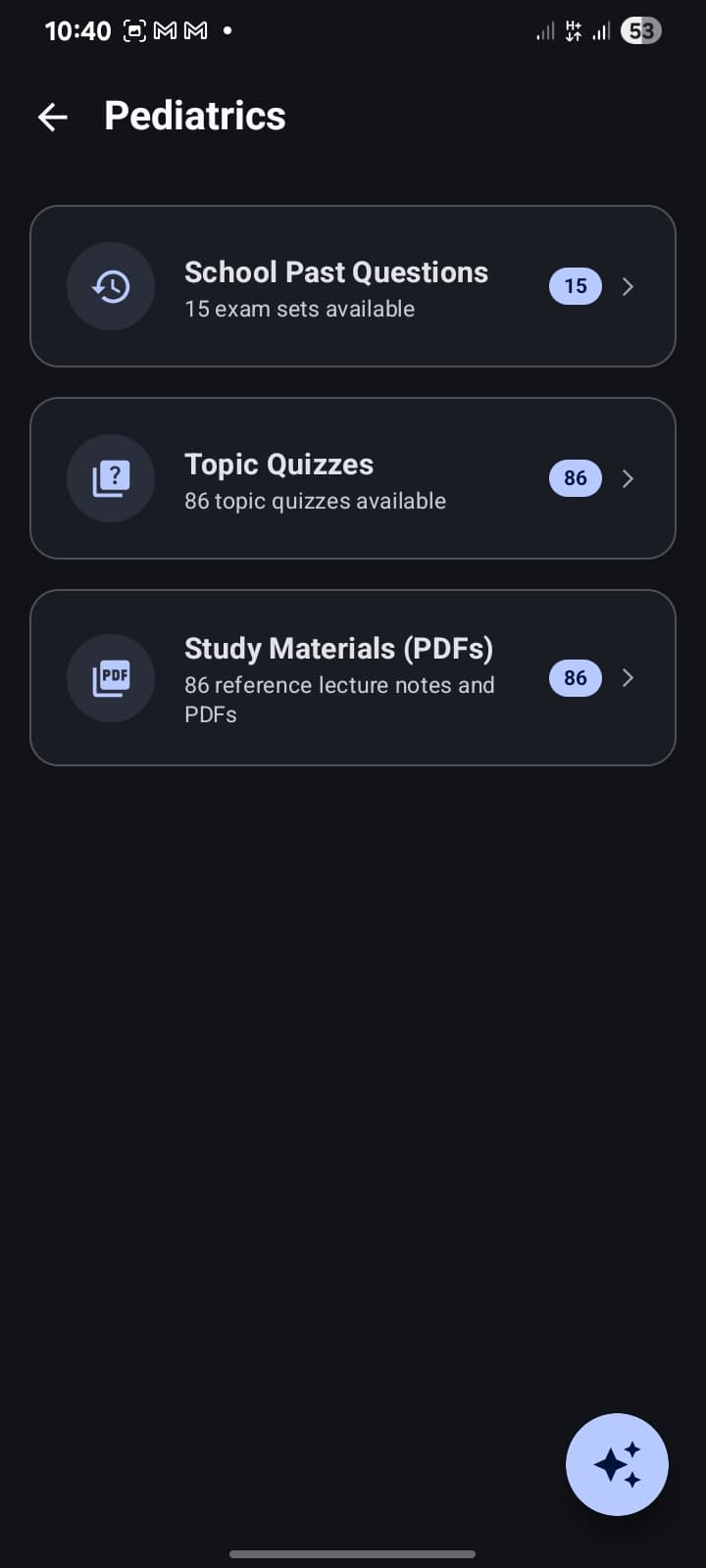Pediatrics subject screen showing Past Questions, Topic Quizzes, and Study Materials PDFs
