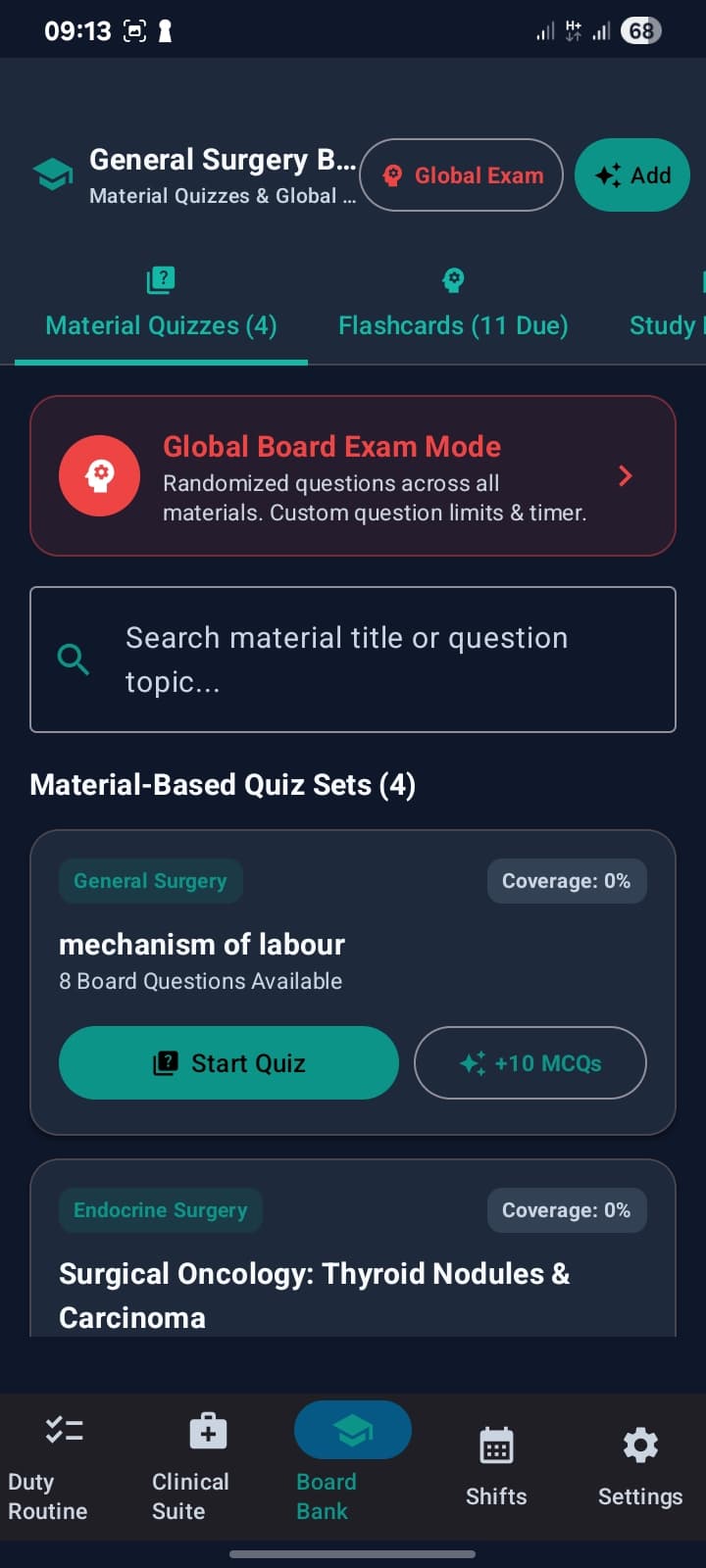 Board Bank screen showing material quizzes, flashcards, and Global Board Exam Mode