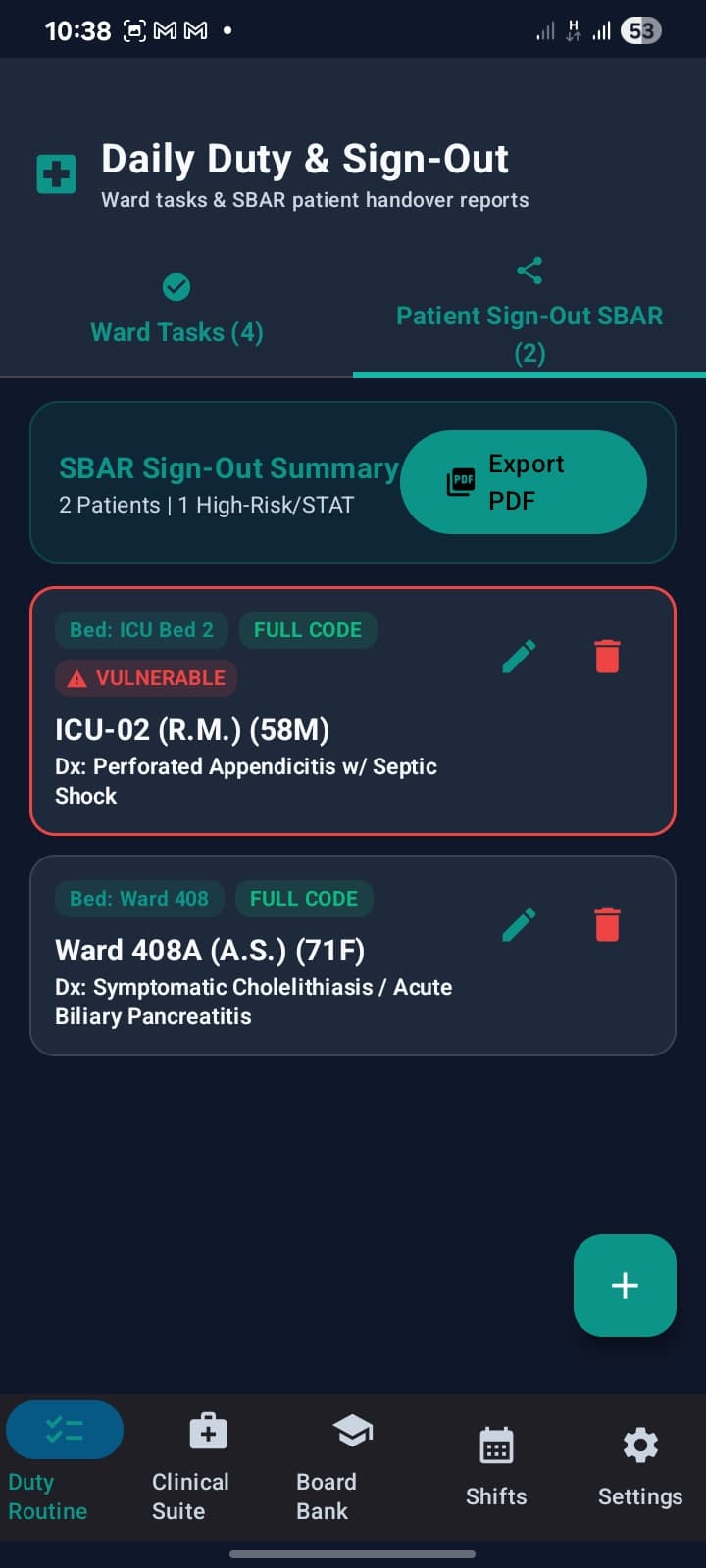 Patient Sign-Out SBAR screen with a vulnerable patient flagged and a PDF export option