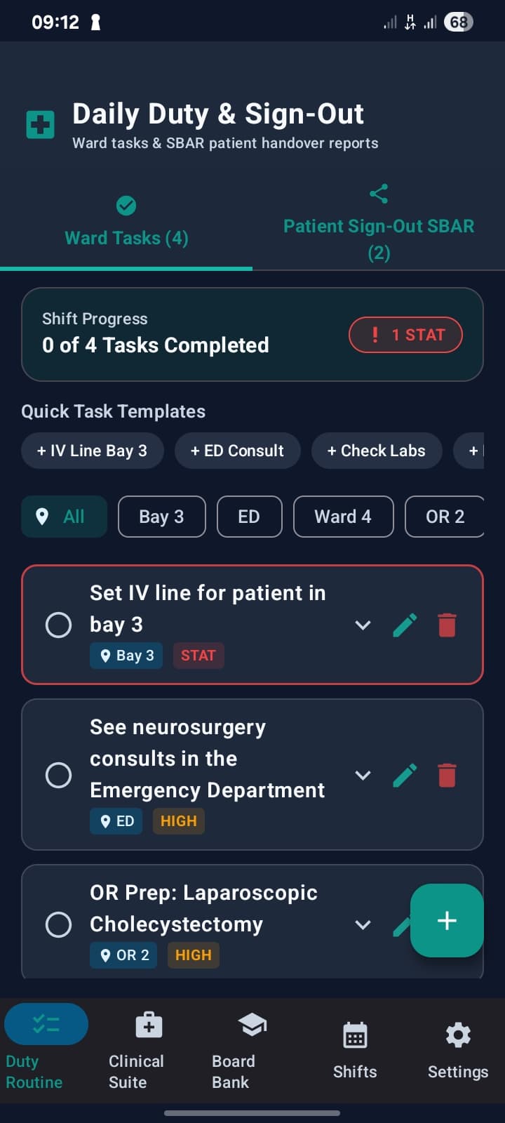 Ward Tasks screen with quick task templates and location filters